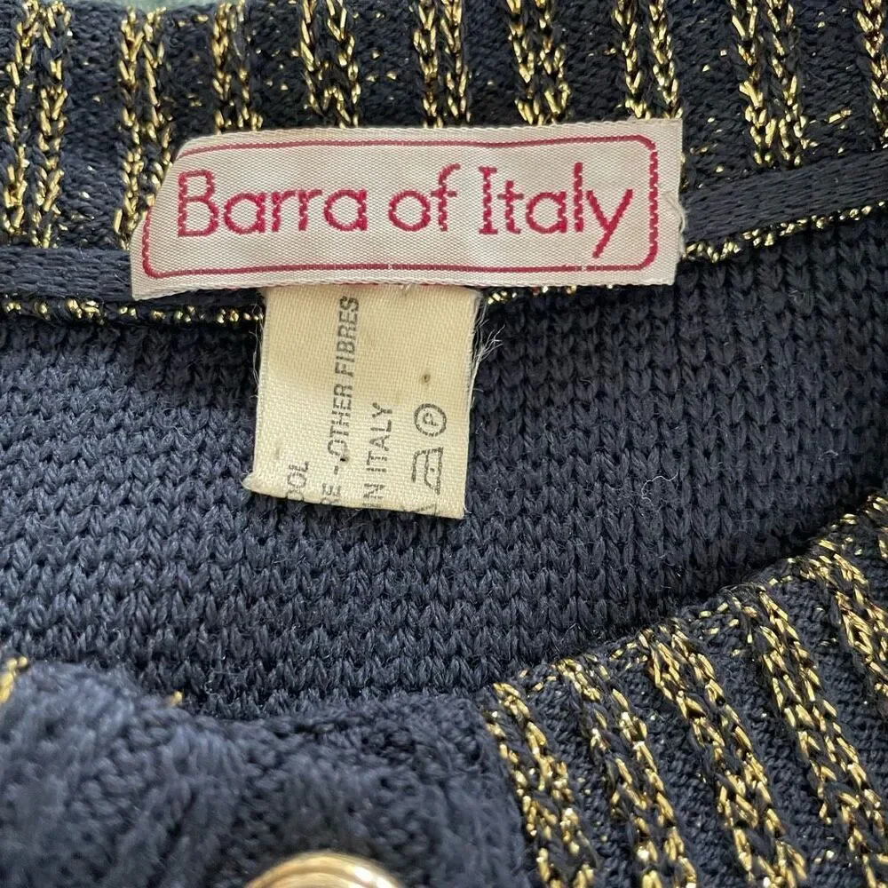 Barra of Italy Wool Blend Navy Blue Metallic Gold Military Style Button Cardigan